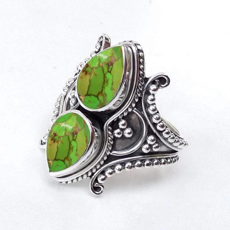 

Каблучка з дорогоцінним камінням з бірюзовим кабошоном, каблучка зі срібла 925 проби, каблучка з безелем, ювелірні вироби ручної роботи, каблучка для жінок, подарунок на день народження 10