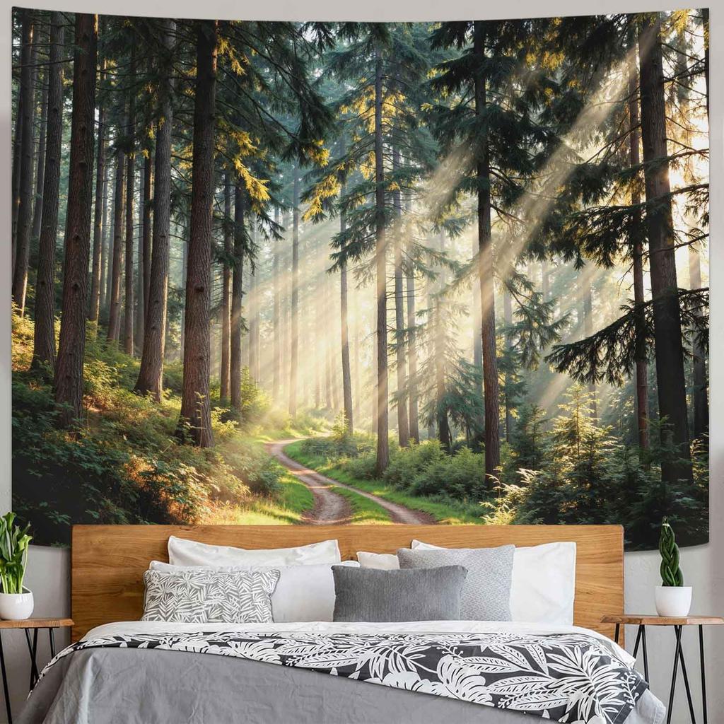 Misty Forest Tapestry, Serene Pine Trees With Sunbeams And Snowy Mountain Wall Art For Nature Lovers And Calm Room Decor