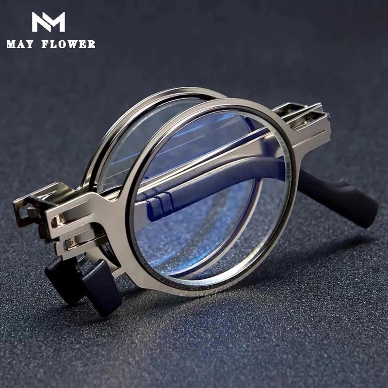 Металлические круглые складные очки May Flower для чтения, мужские очки синего света компьютерного класса, узкая оправа для очков для мужчин gafas +3,5 +300