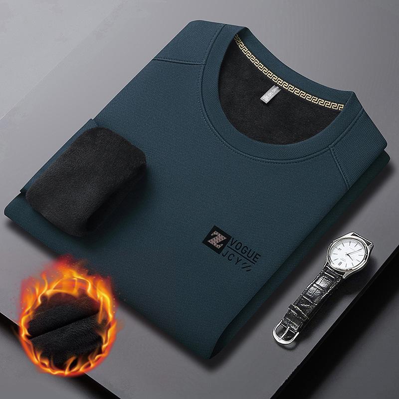 Men's Long Sleeve Round Neck Sweatshirt - Thick Velvet, Warm Base Layer for Autumn/Winter Fashion