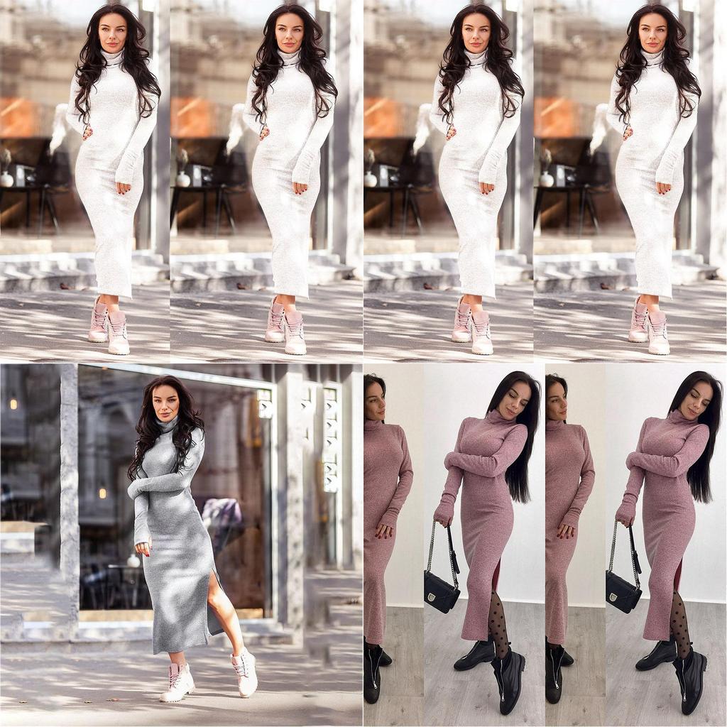 Luxurious Autumn And Winter Women's High Collar Sweater Dress In Solid Color