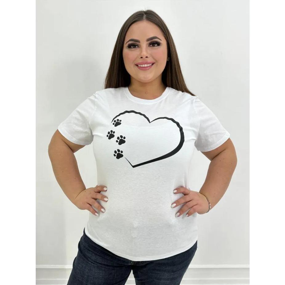 Dámské bavlněné letní tričko s krátkým rukávem a potiskem srdce, s kulatým výstřihem