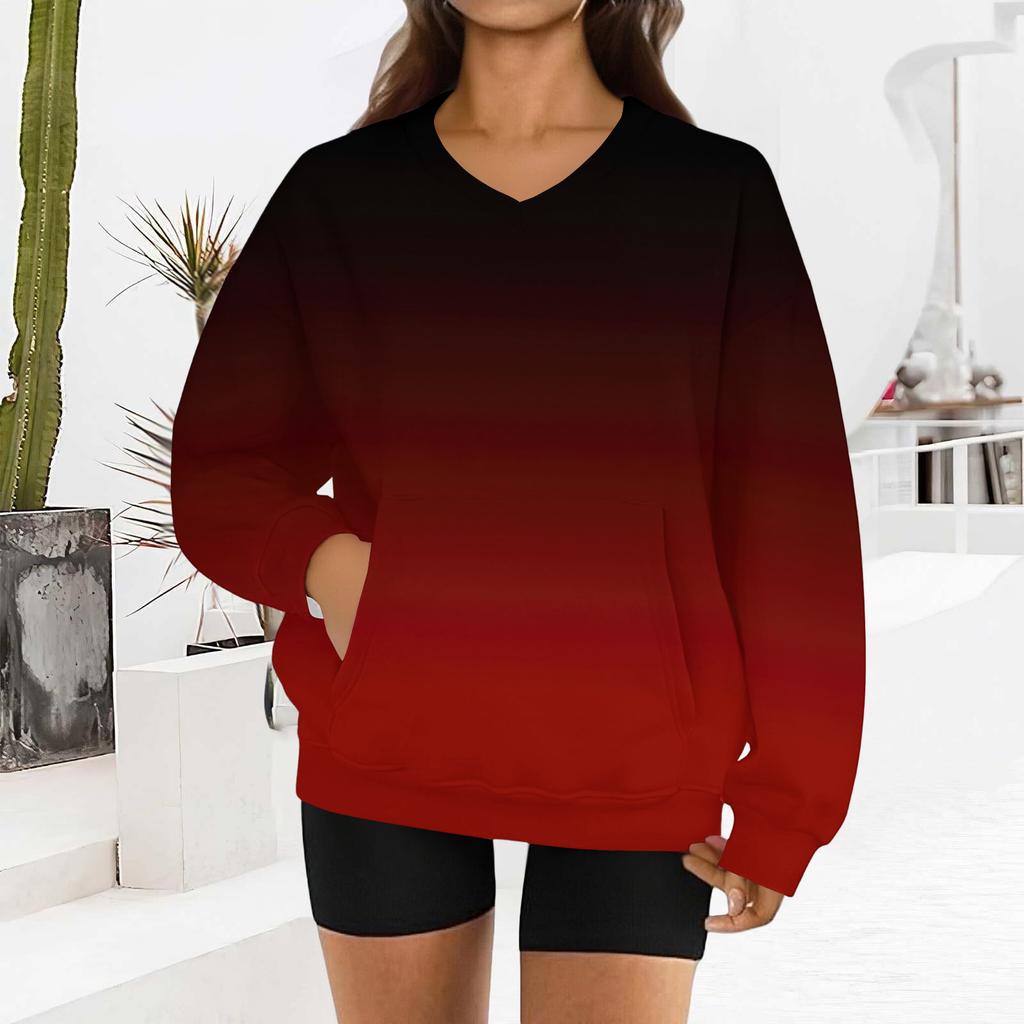 Damenmode Sweatshirt mit Farbverlaufdruck, langen Ärmeln und V-Ausschnitt