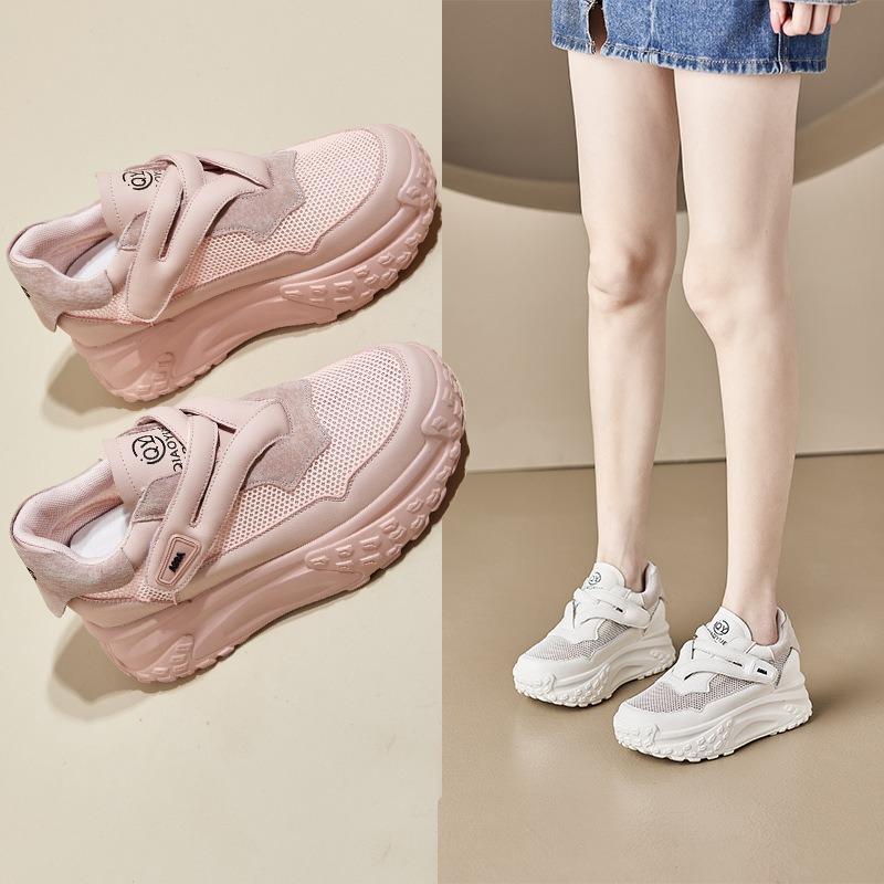 Leather small size casual shoes for women, thick-soled inner height-increasing dad shoes for women, Velcro student white shoes