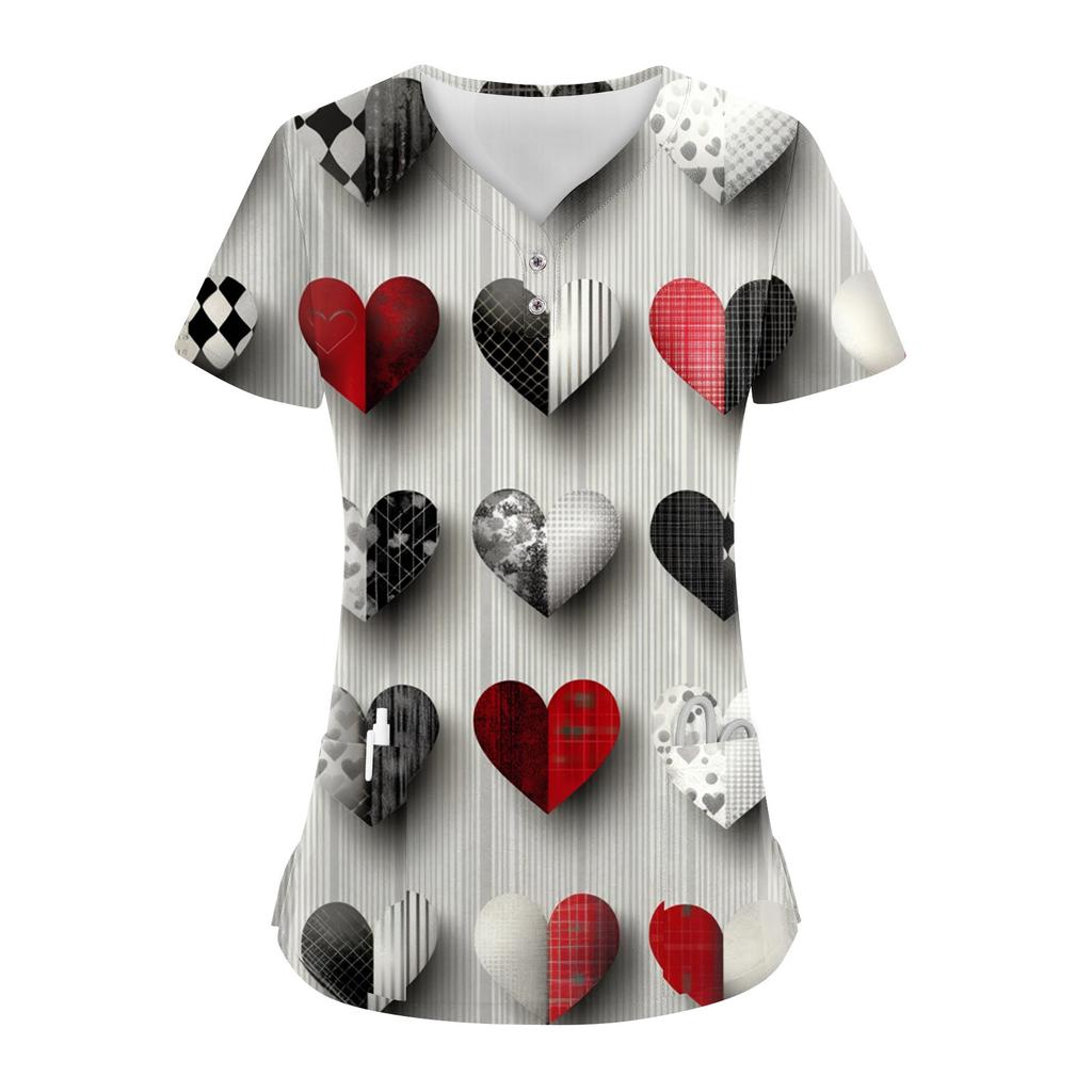 Women's Button V Neck Fashion Casual ChristmasValentine's Day Print Tops Dry-nurse Top,Scrubs Tops For Women,2 Pockets