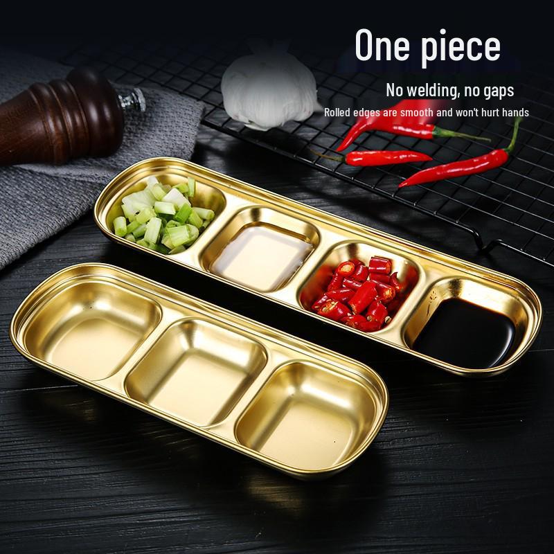 Golden Korean-Style Dual & Triple Compartment Stainless Steel Dipping Sauce Dish