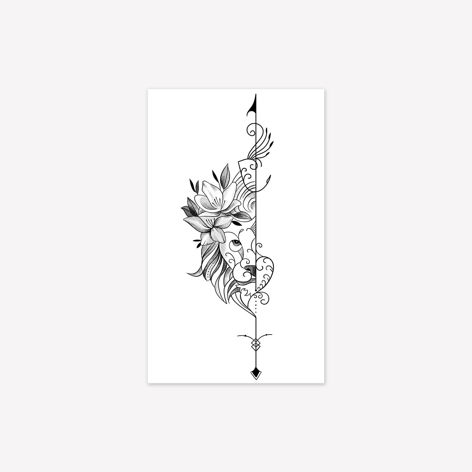 Personalized Dark Domineering Half-Sided Flower Lion Head Line Arm Tattoo Sticker 9*15