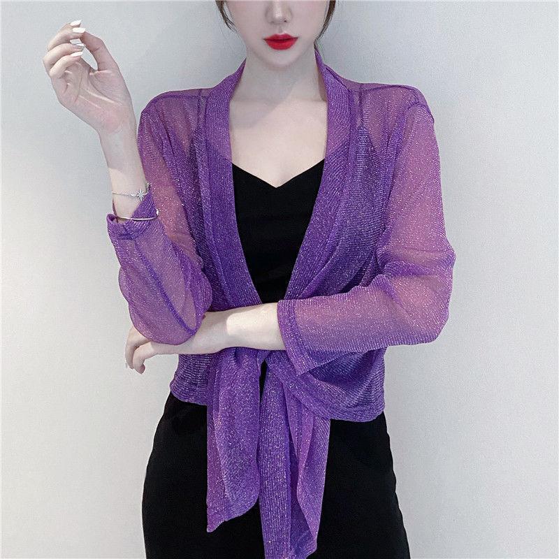 1 PC langärmliges Nylon-Spitzenrohr, lockerer dünner Schal außerhalb des Damen-Sonnenschutzhemds, Sommer-Kurzjackenoberteile, perlmuttfarbene Eisseiden-Cardigan-Spitzenmäntel