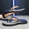 Fashion Men's colorful - pattern flip - flops. Upper with label, two - toned soles. Stylish, casual design. Comfortable & versatile.