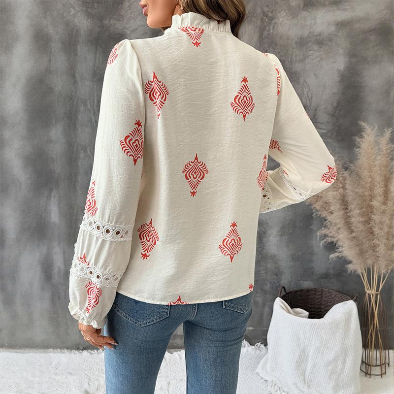 New Autumn Casual Ethnic Style Coat with Lace Single-button Stand-up Collar and Printed Shirt for Women