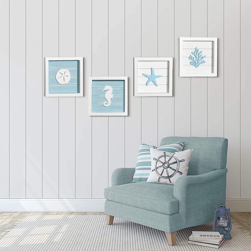 

3D Ocean Theme Wall Decor Rustic Beach Decor Coastal Art With Starfish Seahorses Wooden Frame Sign Beach Bathroom Decorations