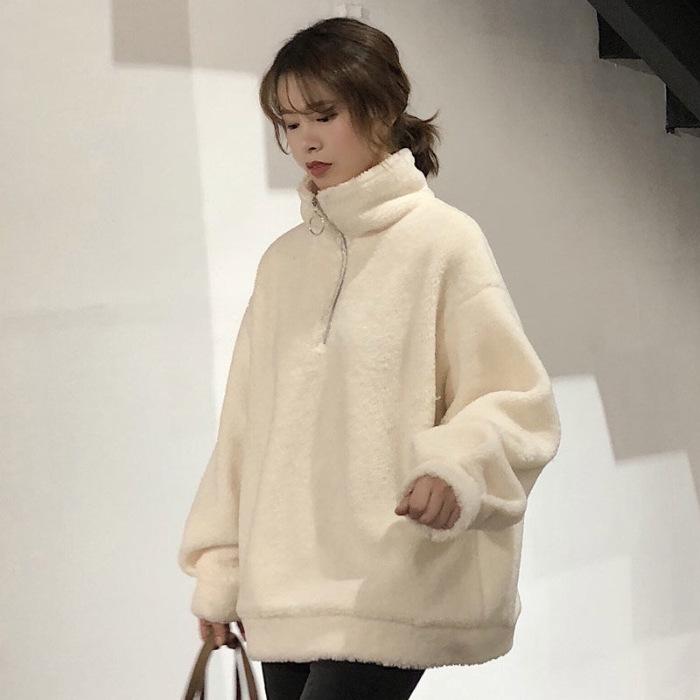 Women's Korean-Style Oversized Lamb Wool Zipper Hoodie