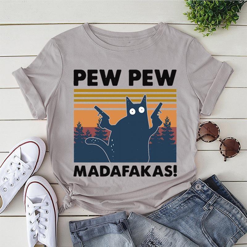 New Pew Pew Madafakas T Shirt Novelty Funny Cat Vintage Crew Neck Men'S T-Shirt Funny Shirt
