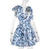 Vintage Blue Print Bow Lace-Up Sling Dress For Women High Waist Pleated A-Line Mini Dresses Summer New Vocation Lady Vestidos