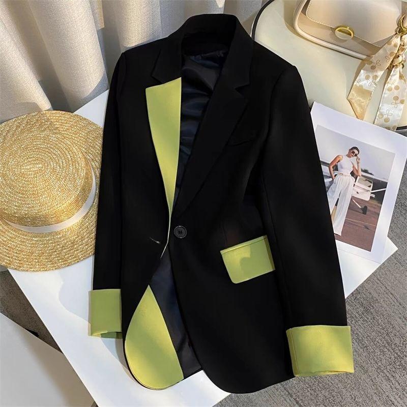 Trendy Slim Fit Black Blazer Spring Autumn Casual Chinese Style Contrast Suit Jacket