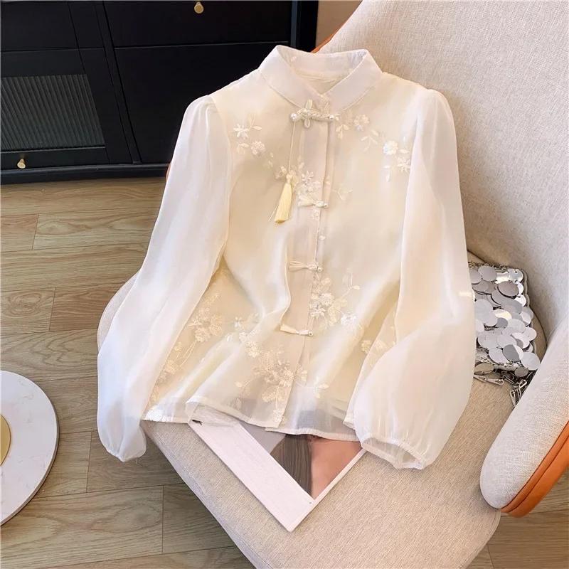 Chinese Style Women's Shirt Summer Vintage Embroidery Blouses Loose Long Sleeves Women Fashion Clothing