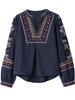 European American V-Neck Long Sleeve Embroidered Slimming Shirt for Women