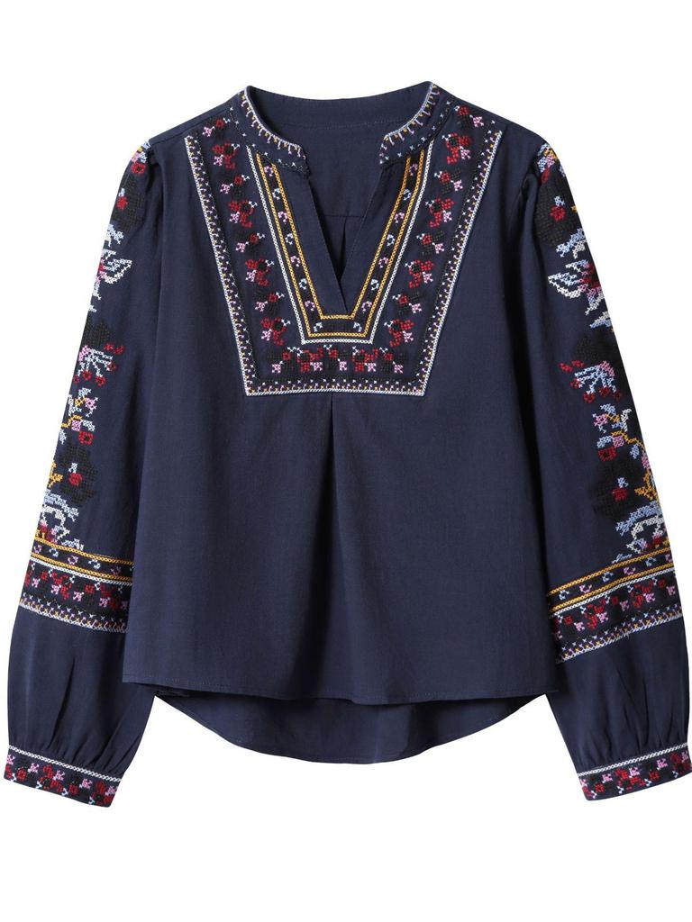 European American V-Neck Long Sleeve Embroidered Slimming Shirt for Women