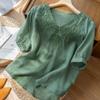 Women's Summer V-neck Embroidery Loose Thin Section Slim Slimming Plus Size Cotton and Linen Short-sleeved T-shirt  Women's Clothing