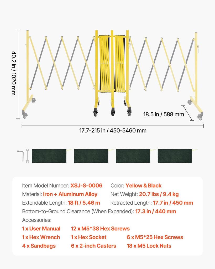 Double Expandable Barricades, 5.46m Industrial Safety Barriers, Flexible Mobile Barricade with Locking Casters, Portable Folding Security Gate Metal