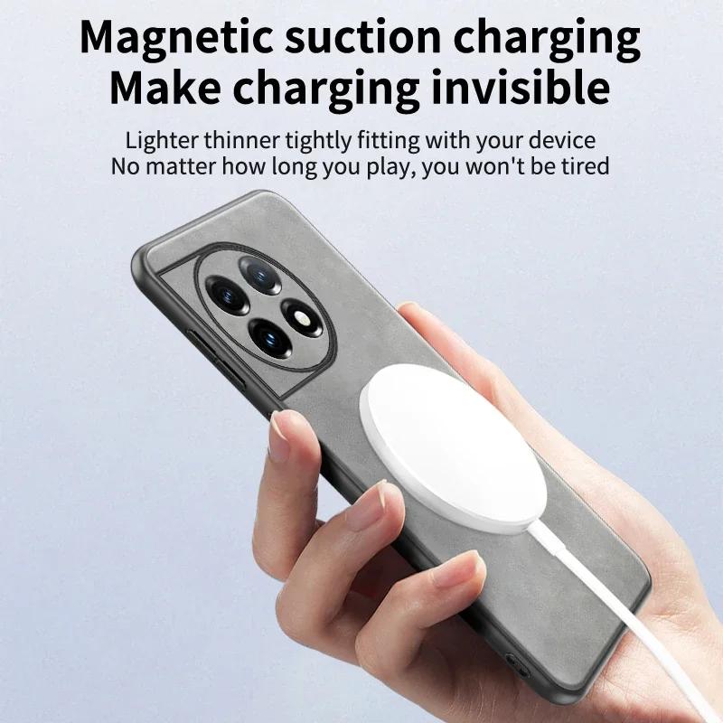 For OnePlus 13 12 11 One Plus 11 12 G For Skin Leather Matte Wireless Charging Ring Magnetic ShockProof Cover