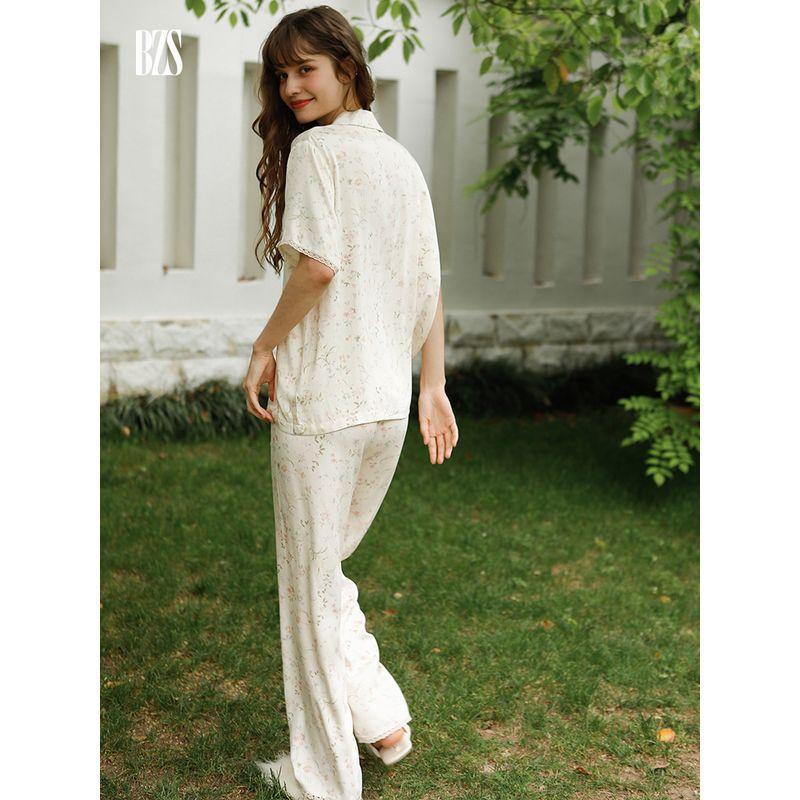 2024 Outer Wear Pajamas Women Summer Thin Short sleeve Top Trousers Satin Bourette Floral Homewear Two-piece Set