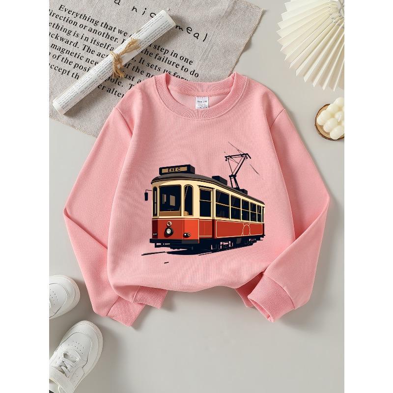 European Sizes Red Trolley Exec Sign Vintage Design Girls' Crew Neck Fashion Sweatshirt, Western Top, Long Sleeved Casual T-Shirt