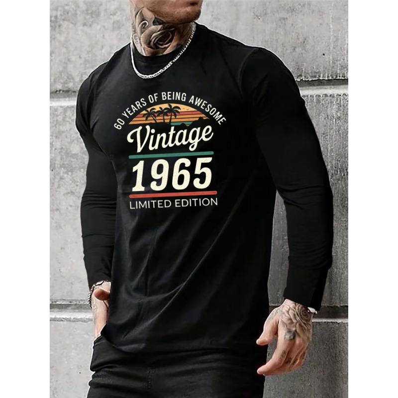 T-shirt da uomo a maniche lunghe con scollo rotondo, stampa pattern retrò 1965, vestibilità larga, comoda, casual, alla moda