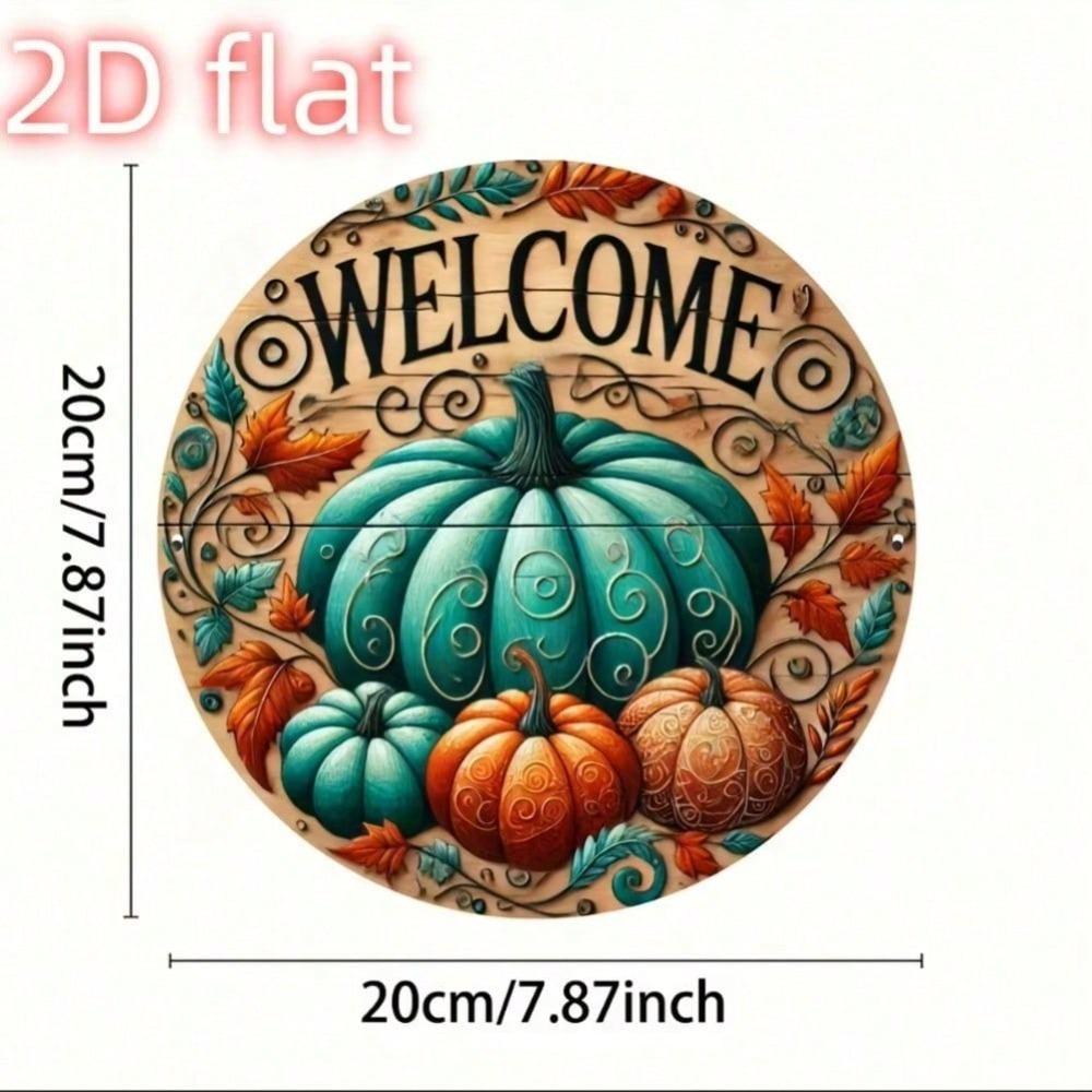 Round Aluminum Pumpkin Fall Sign, 2D Flat Welcome Plaque, Rustic Autumn Wall Art, Weather Resistant Metal Decor for Home