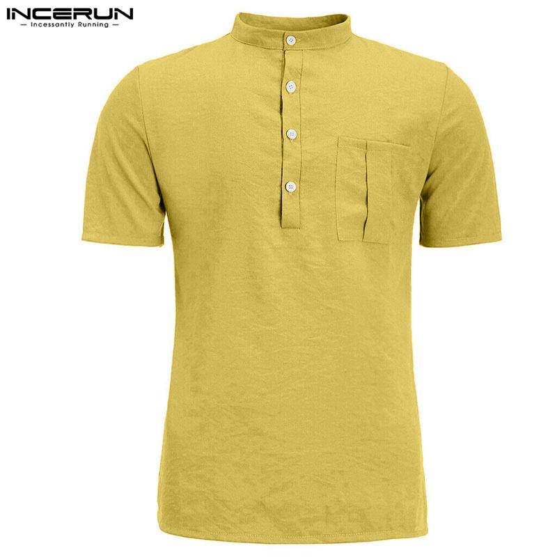 

INCERUN Летние повседневные мужские хлопковые топы с воротником-стойкой и короткими рукавами на пуговицах S жёлтый