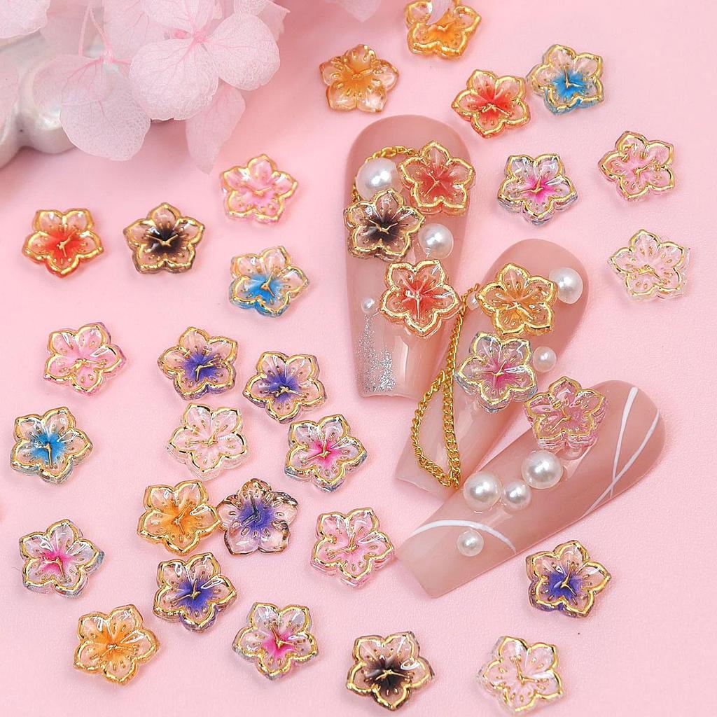 30Pcs 8mm 3D Mini Flower Nail Art Charms, Golden Edge Floral Decoration Nail Accessories for Spring & Summer DIY Manicure Accessories
