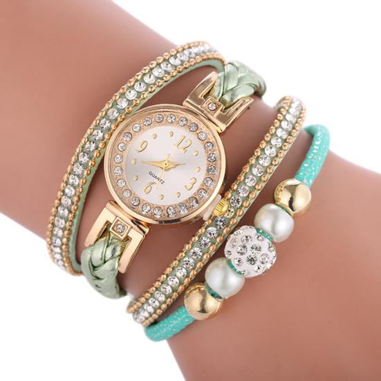 Women Rhinestone Bead Round Dial Snap Button Multi Layer Bracelet Quartz Watch