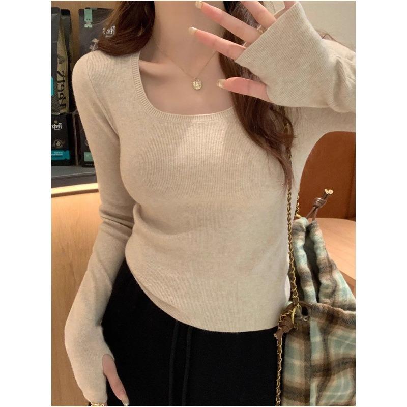 Lazy Wind Square Neck Knitted Sweater Women's Early Spring Tight Spice Girl Front Shoulder Long Sleeve Top Simple Bottoming Shirt
