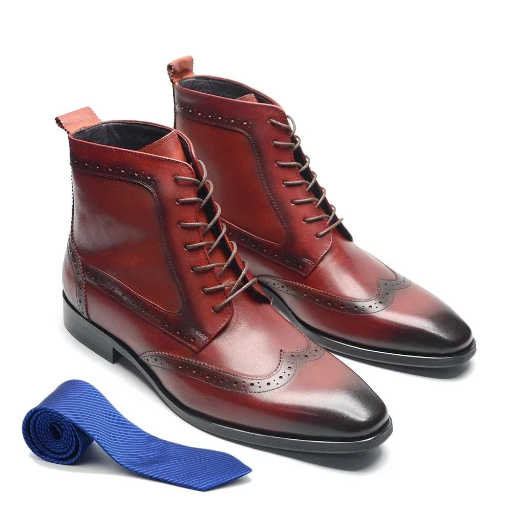 

Classic Cowhide Genuine Leather Mens Ankle Boots Motorcycle Brogue Wingtip Toe Lace-up High Top Derby Business Man Dress Shoes 46