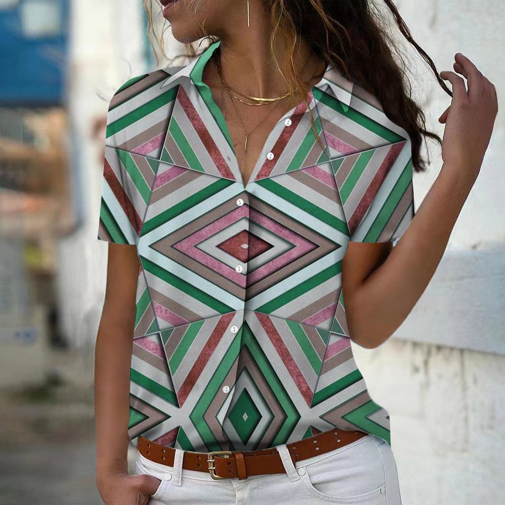 2025 Summer New Fashion Women's Geometry Printed Short Sleeve V-neck Casual Button-down Shirt Top