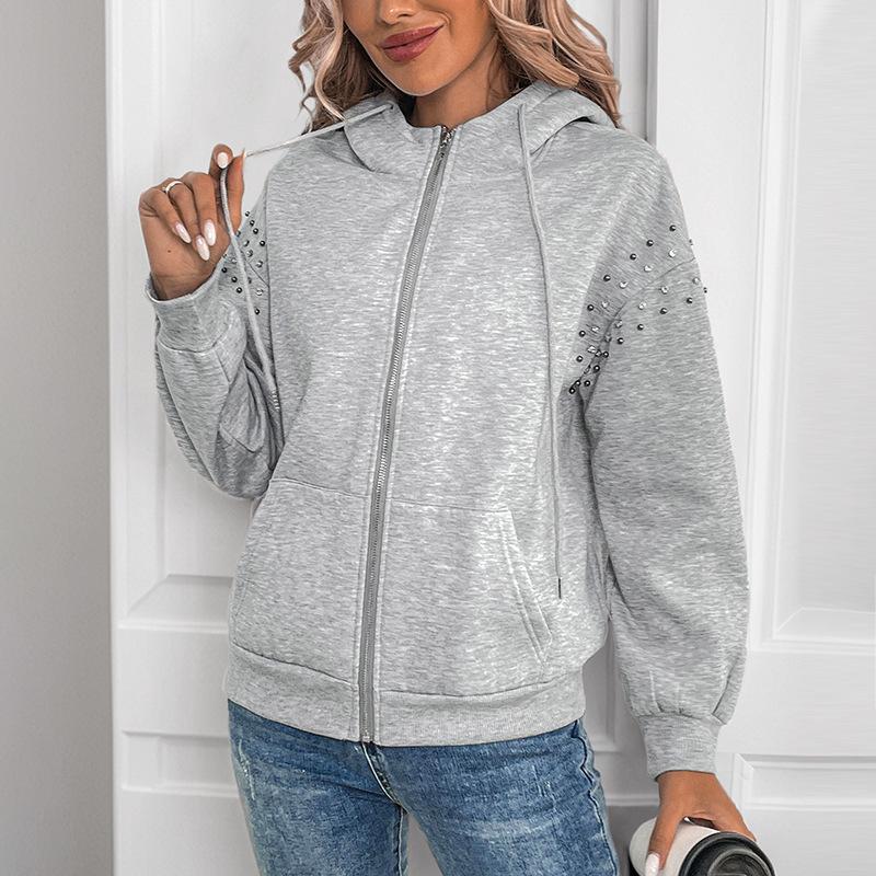 Women's Cross-Border Hooded Velvet Sweatshirt Jacket with Rivet Zipper - Long Sleeve Cardigan for Autumn/Winter