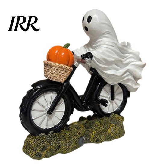 Cute Ghost Riding Bicycle Statue Halloween Motorcycle Figurine, Novelty Rider Resin Figurine for Decoration with Pumpkin Indoor Home Desk Tabletop