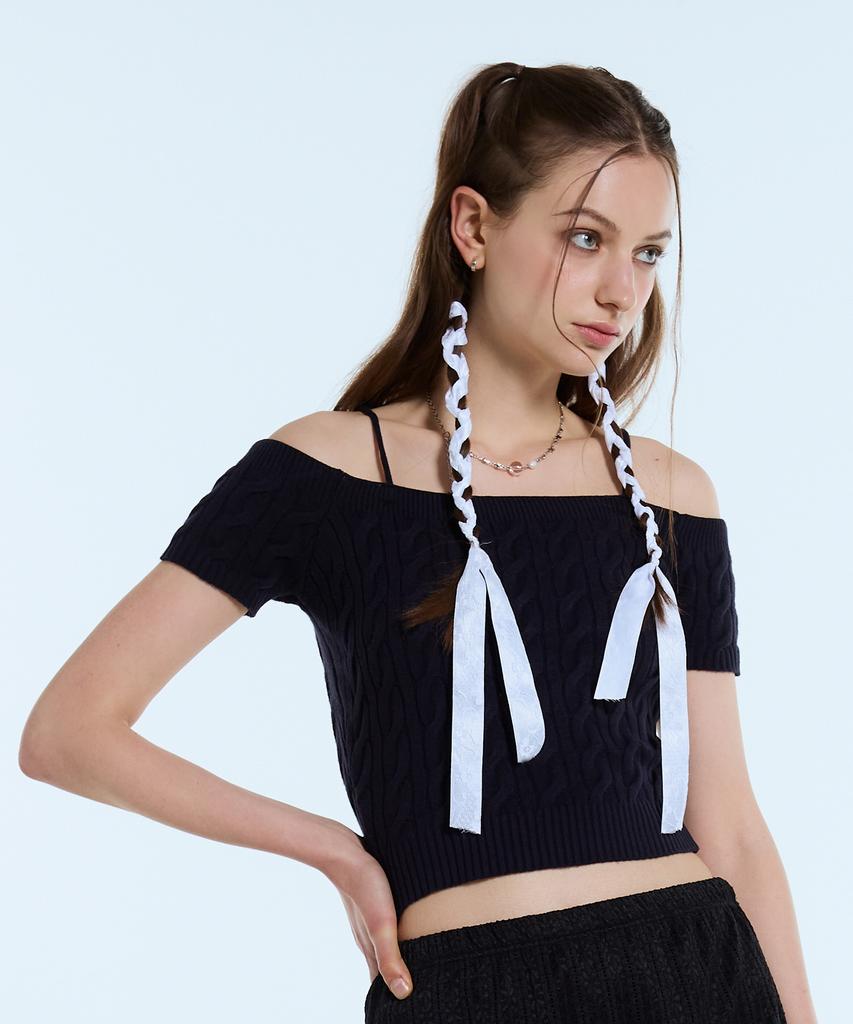 LARTIGENT L11 Cable Off Shoulder Knit(Navy)