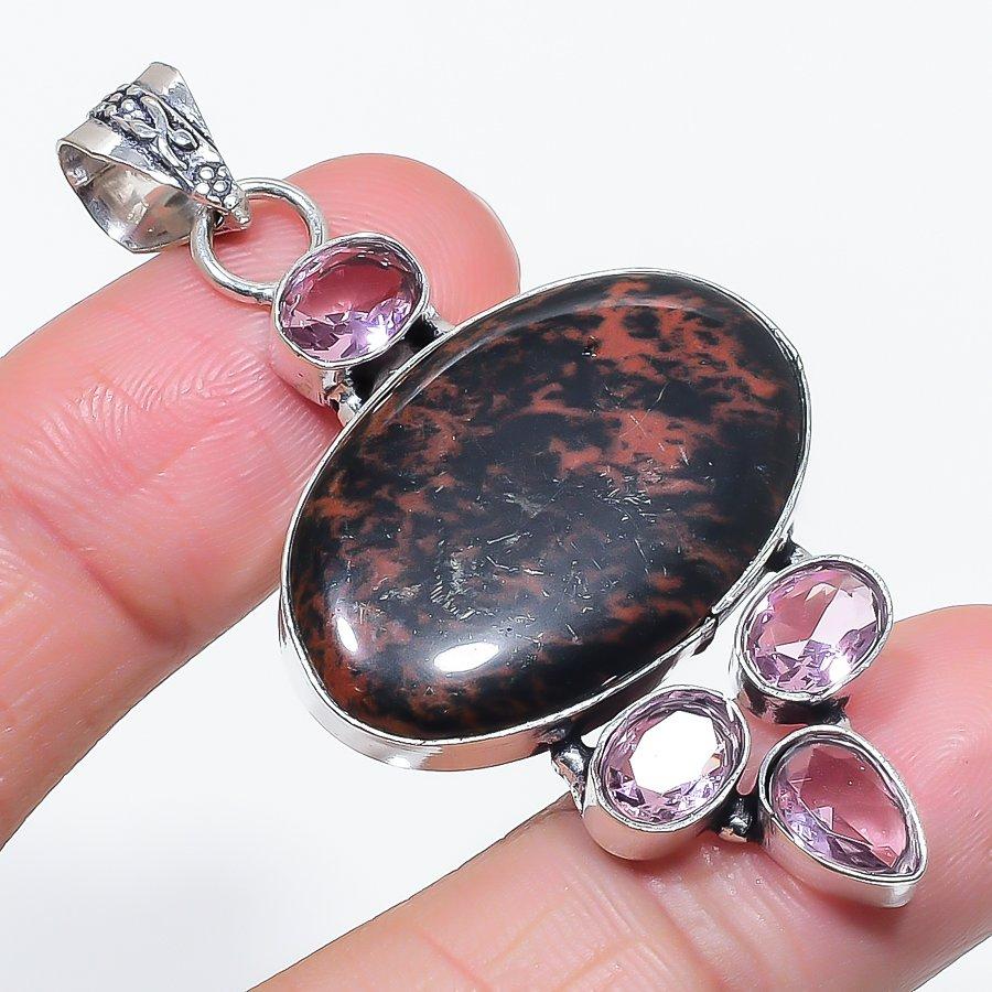 Natural Mahogany Obsidian, Kunzite 925 Sterling Silver Pendant 2.36" v5C17