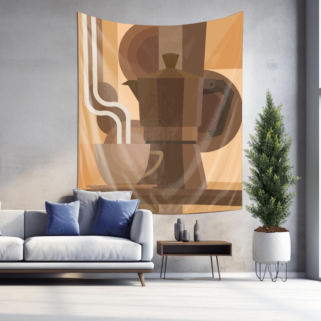 Abstract Coffee Pot Cup Wall Tapestry Machine Washable All Season Decor Print Minimalist Modern Design Home Nontoxic Material