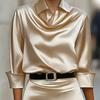 Women's Satin Midi Shirt Dress Long Sleeve Lapel V Neck Bodycon Office Work Dress Sheath Business Dress with Belt