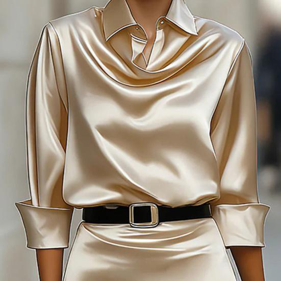Women's Satin Midi Shirt Dress Long Sleeve Lapel V Neck Bodycon Office Work Dress Sheath Business Dress with Belt