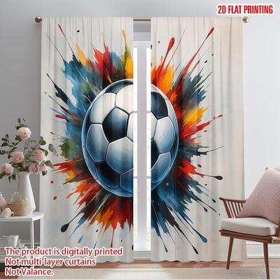 2pcs,2D Plane Printing Curtain Fabric Colorful Soccer Burst Versatile Durable Polyester (without Rod) Gifts Use for Bedroom,