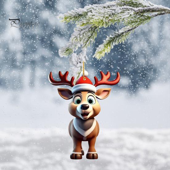 Colgante de ciervo navideño de acrílico 2D, adorno colgante de reno plano, gorro de Papá Noel de dibujos animados, colgante de reno para decoración del árbol de Navidad del hogar