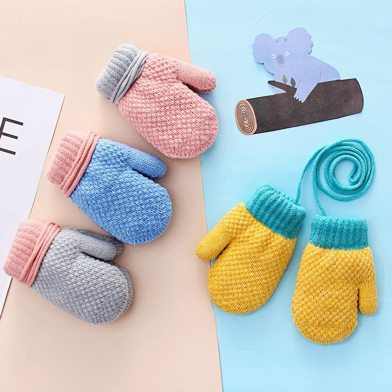 Autumn and winter baby cute bag finger velvet warm outdoor cold-proof toddler neck knitting children's gloves