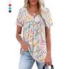Women's V Neck Short Sleeve Floral Print A-Line Casual Pleated T-Shirt Blouse