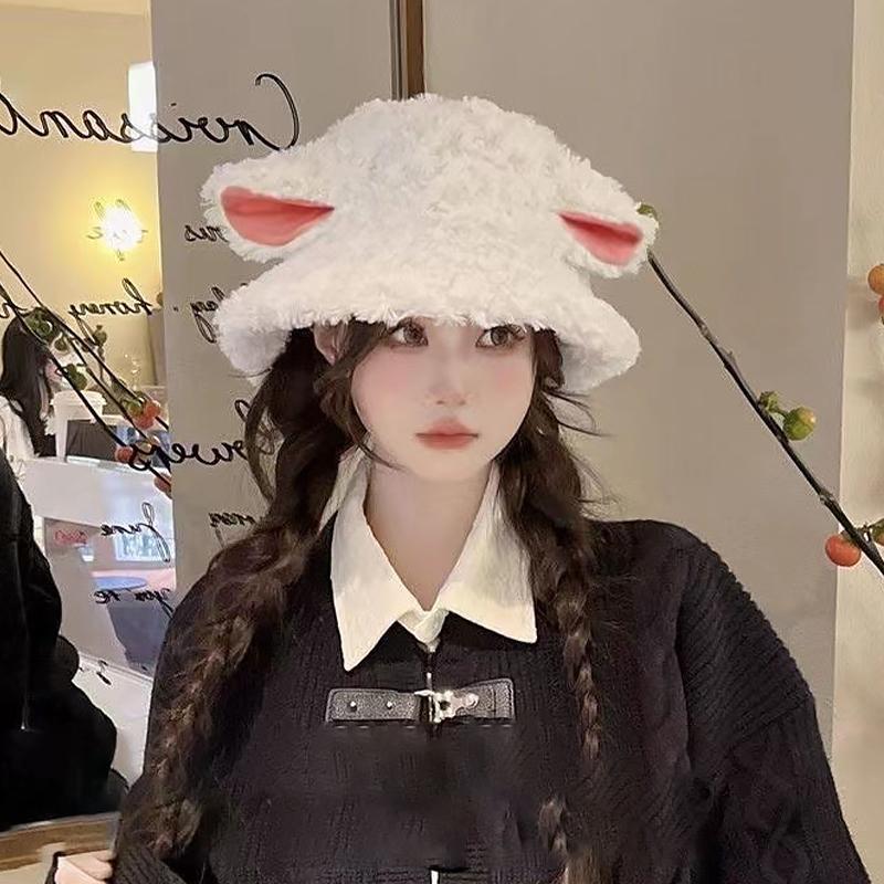 Women'S Lamb Ear Hat Cute Multi-Functional Fisherman Hat Autumn Winter Cap