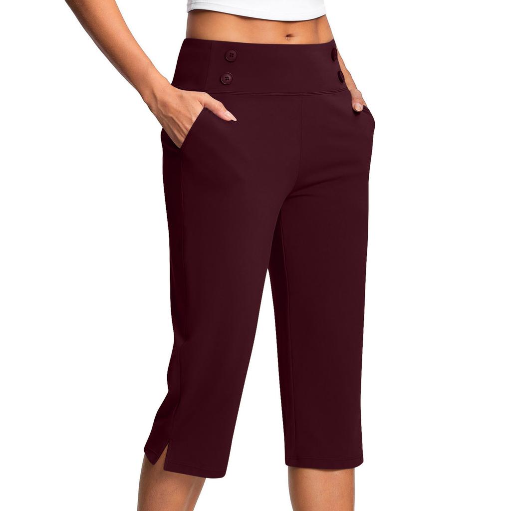 Women High Waist Stretch Capri Pants Slim Fit Cropped Trousers With Pockets Summer Casual Workout Yoga Pants