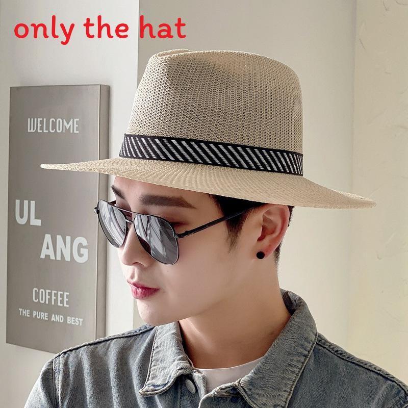 

Соломенная летняя мужская шляпа от солнца с дышащим дизайном и полосатым декором бежевый