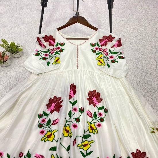 The Flora Meadow Embroidered Muslin Anarkali Gown M
